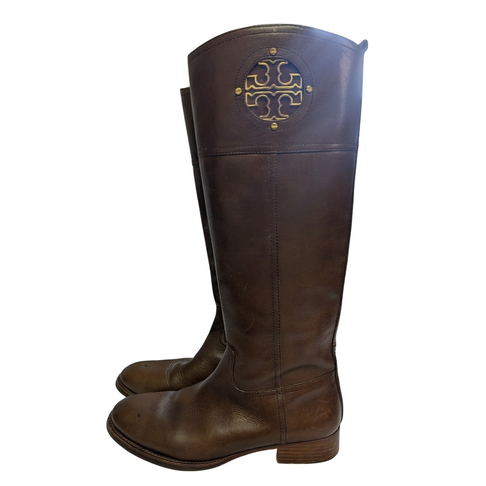 Tory Burch Kiernan Riding Boots Gold Logo Equestrian Preppy Leather Brown 10
